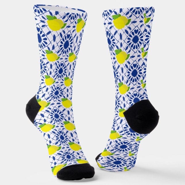 Chaussette Carrelage de citron géométrique bleu (Angulaire)