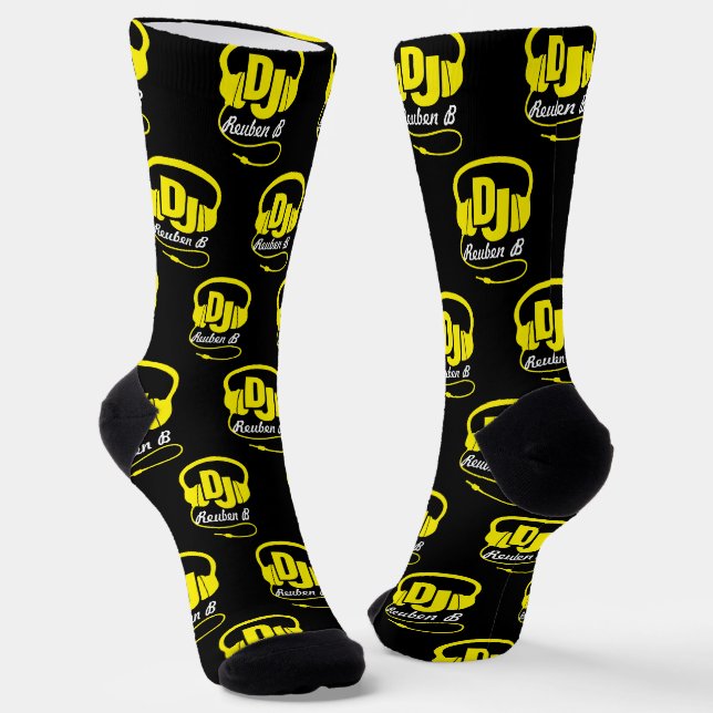 Chaussette Casque DJ personnalisé nom jaune blanc amoureux de (Angulaire)