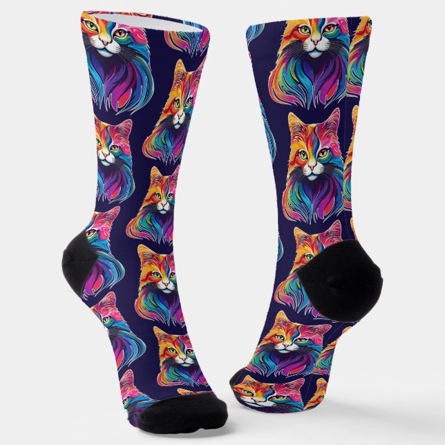 Chaussette Cat Maine Portrait Coon Couleurs arc-en-ciel (Angulaire)