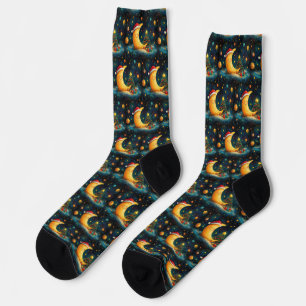 Chaussette Célébration drôle de la Lune de Noël dans la Galax