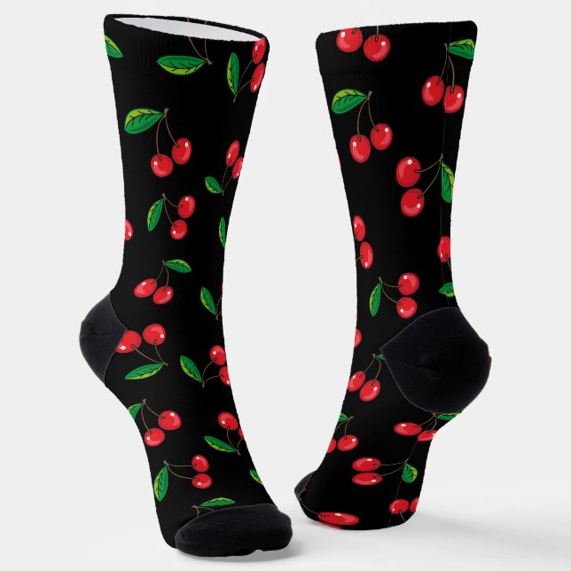 Chaussette Cerises rouges sur Motif de fruits noirs (Angulaire)