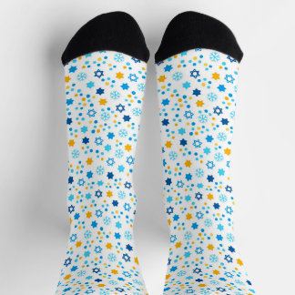 Chaussette Chanukah Etoiles juives Snowflakes Blanc Bleu Or