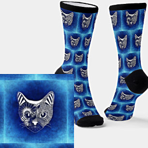 Chaussette Chat Abstrait en bleu