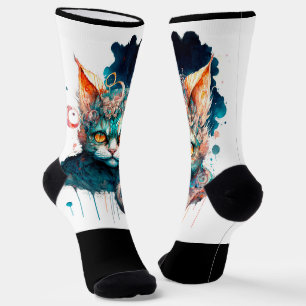 Chaussette Chat aquarelle en style steampunk