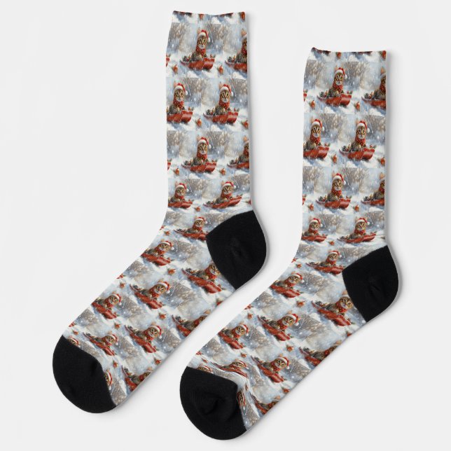 Chaussette Chat Bengal dans un traîneau Laissez neige Noël (Gauche)
