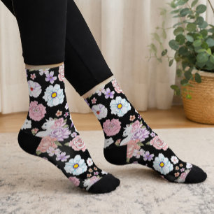 Chaussette Chat Blanc Pastel Floral Botanique Romantique Noir