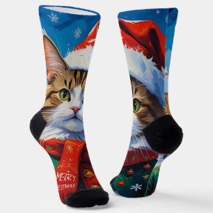 Chaussette Chat de Noël festif avec un chapeau de Père Noël
