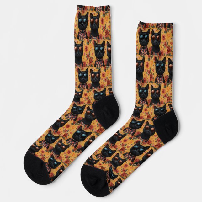 Chaussette Chat noir avec coeur Roses Saint-Valentin (Gauche)