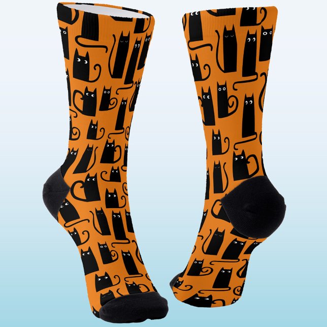 Chaussette Chat noir Halloween Orange (Fun black cat pumpkin orange socks, perfect for animal lovers at Halloween)