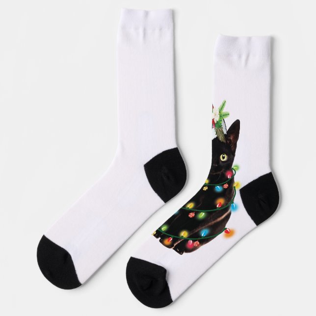 Chaussette Chat Noir Père Noël Tangée Dans Les Lumières De No (Gauche)
