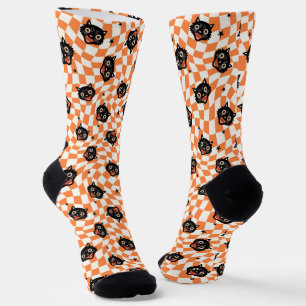 Chaussette Chat noir rétro Motif chèque orange