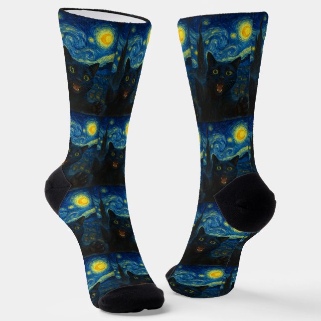 Chaussette Chat noir Starry Nuit Van Gogh Chat Selfie (Angulaire)