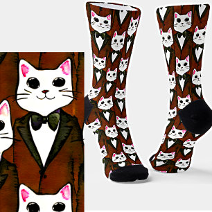 Chaussette Chats de dessin drôle en costumes Brown et Cravate