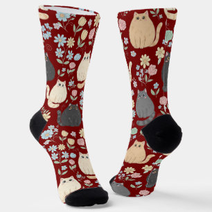 Chaussette Chaussettes à motif de chats mignons et de fleurs