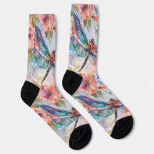 Chaussettes d'aquarelle avec libellules et fleurs