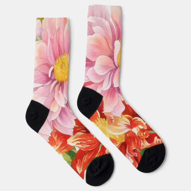 Chaussette Chaussettes d'art florales rose et rouge Dahlia (Droite)