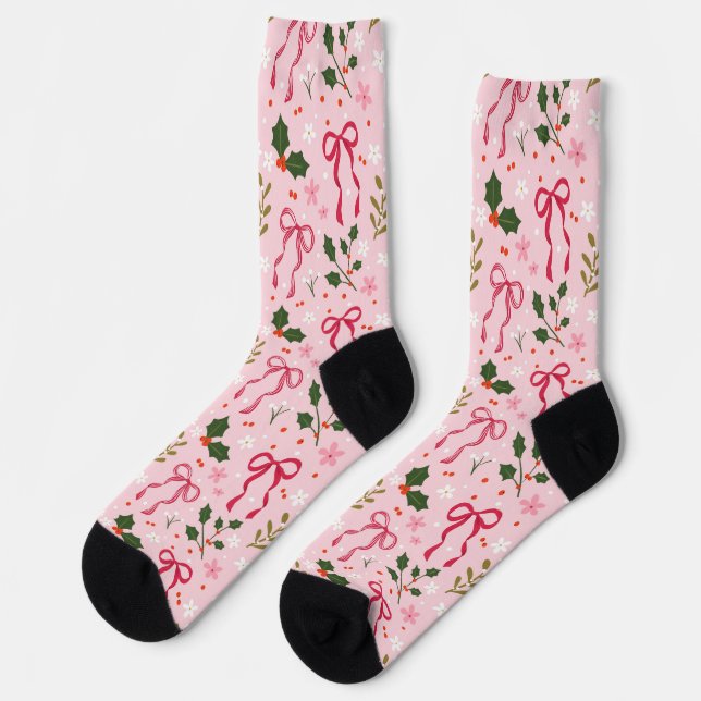 Chaussette Chaussettes de Noël roses mignonnes au houx (Gauche)