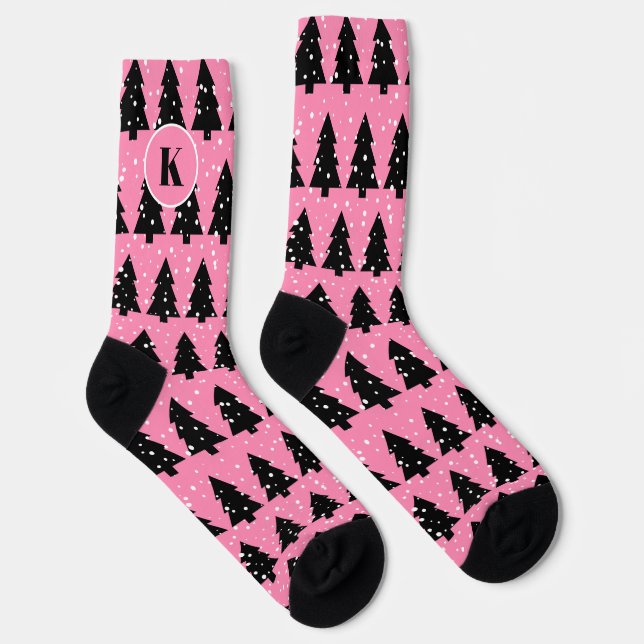 Chaussette Chaussettes d'équipage d'arbre de Noël rose et noi (Droite)