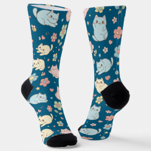 Chaussette Chaussettes Motifs Kawaii Pastel Chats et Fleurs