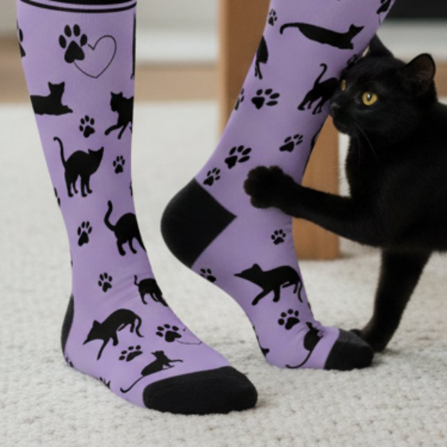 Chaussette Chaussettes Personnalisées Violettes et Noires pou (Black cat socks with custom name.)