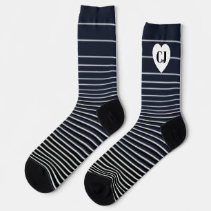 Chaussette Chaussettes rayées cœur initial bleu blanc