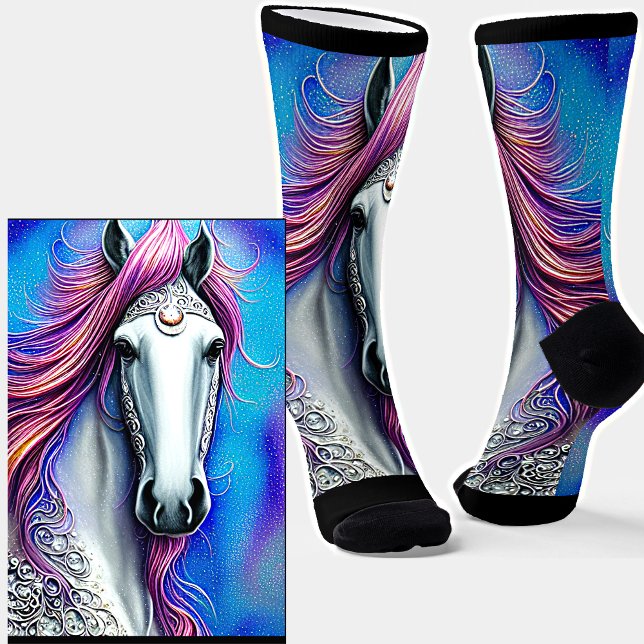 Chaussette Cheval Fantastique, Crinière Rose Mauve Bleu Brode (Créateur téléchargé)