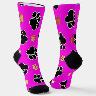Chaussette Chien canin noir et tan rose empreinte de patte