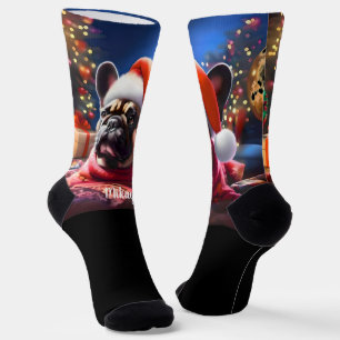 Chaussette Chien de taureau français avec Noël du chapeau