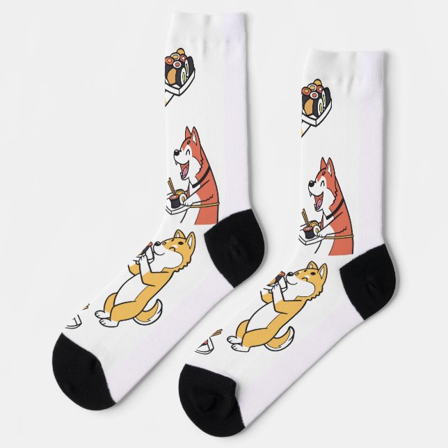 Chaussette Chiens mignons Mangeant Sushi Chaussettes de nouve (Gauche)
