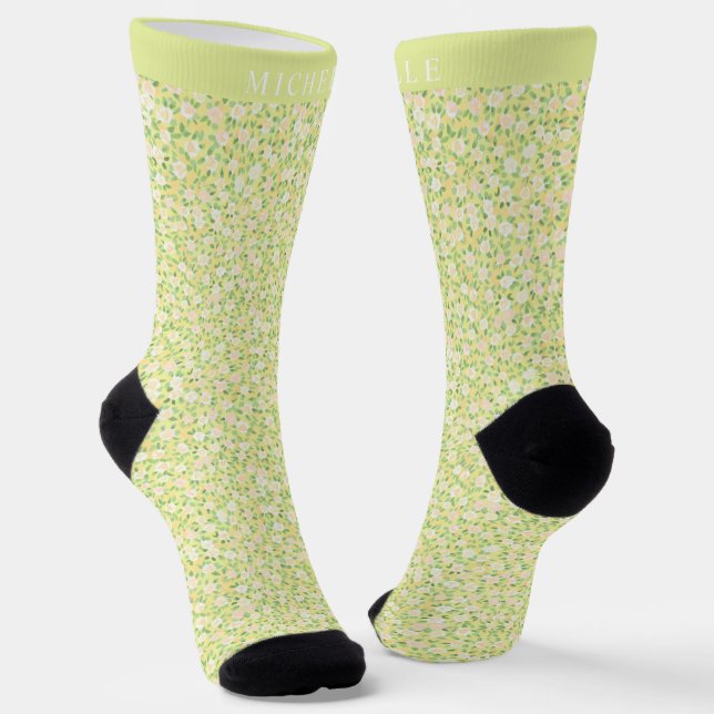 Chaussette Citron clair jaune Floral Motif vert (Angulaire)