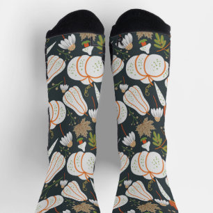 Chaussette Citrouille continu motif floral noir et blanc guer