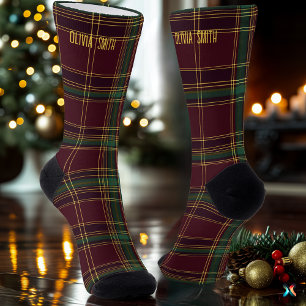 Chaussette Classique carreau de Noël personnalisé bordeaux et