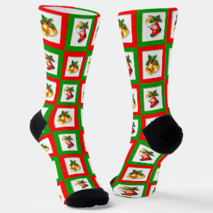Chaussette Cloches de Noël dans l'équipage Carré vert et roug