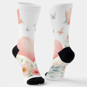Chaussette Cœur d'aquarelle douce Fleurs d'amour Oiseaux