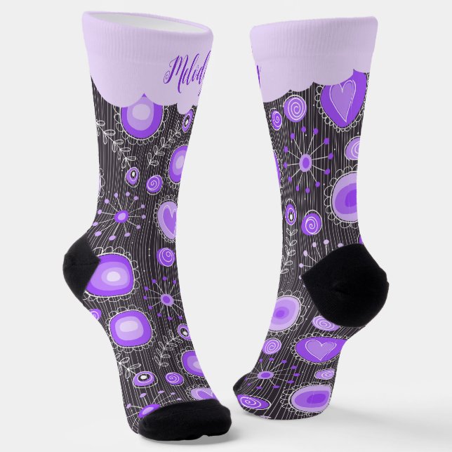 Chaussette Coeur gris violet blanc et nom floral (Angulaire)