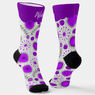 Chaussette Coeurs blancs violet blanc Whimsical fleurs nom fl