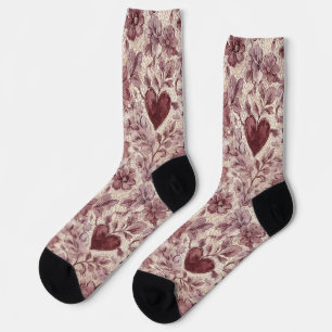 Chaussette Cœurs Floraux Rouge Crème