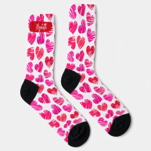 Chaussette Coeurs griffés rouges et roses modernes Valentine