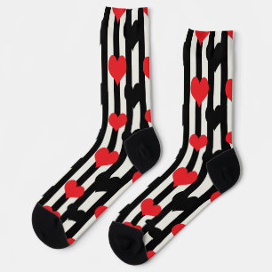 Chaussette Coeurs Noirs Rouges Sur Bandes Blanches Noires