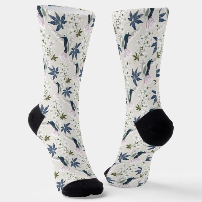 Chaussette Colibris et fleurs blanches. (Angulaire)