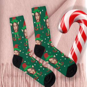 Chaussette Collage de photos visage drôle de lutin de Noël