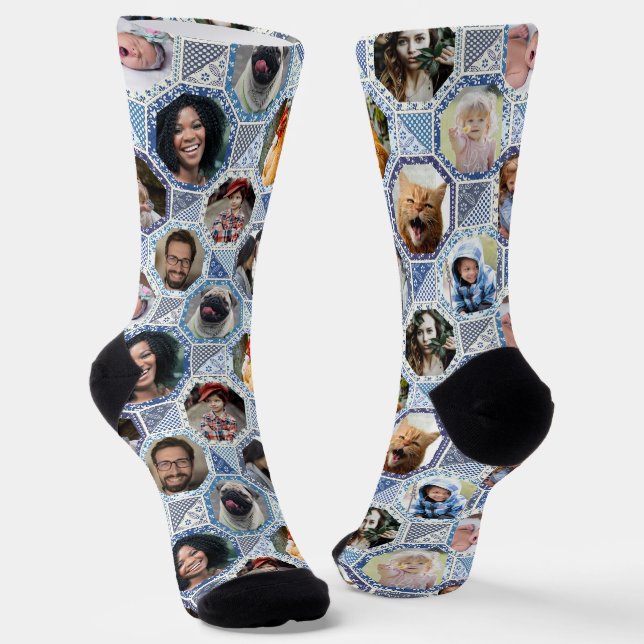 Chaussette Collage photo famille Easy Blue Quilt Look 12 Phot (Angulaire)