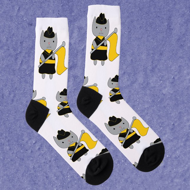 Chaussette Color Guard Gray Cat Black Yellow (A pair of socks featuring a gray cat wearing a black & yellow color guard uniform with a yellow flag)
