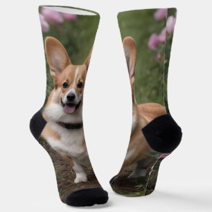 Chaussette "Compagnie de charme : Un Corgi dans un jardin ros
