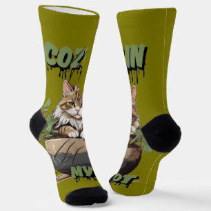 Chaussette Conception d'un pot de chat mou Tan & Blanc