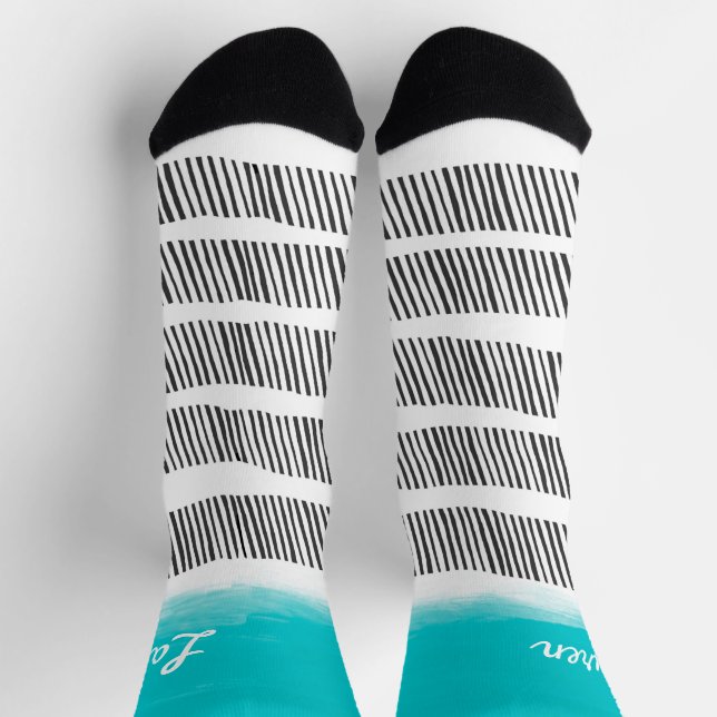 Chaussette cool à motif noir blanc turquoise ajouter votre no (Haut)