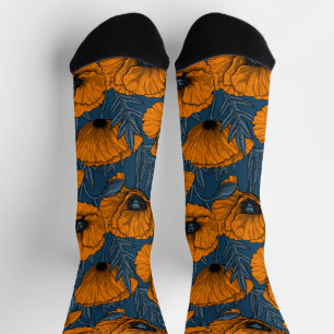 Chaussette Coquelicots orange sur fond bleu foncé