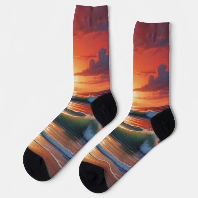 Chaussette Coucher Rouge Océan Peinture de paysage marin (Gauche)