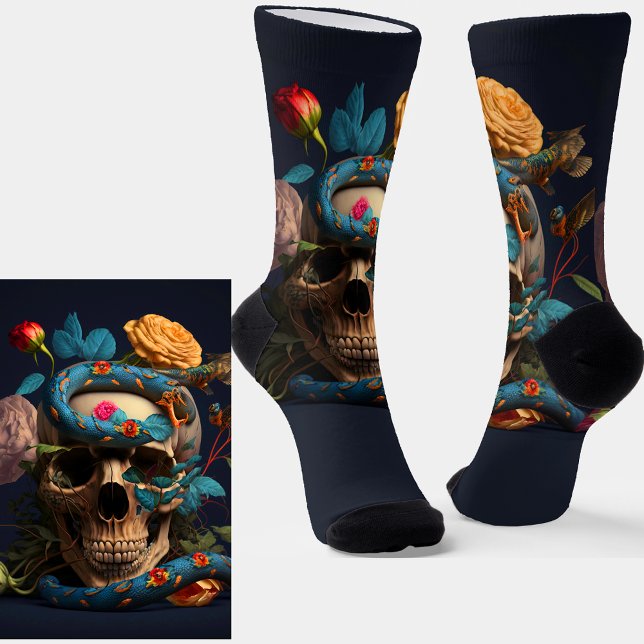 Chaussette Crâne gothique, serpent bleu et fleurs sur bleu (Créateur téléchargé)