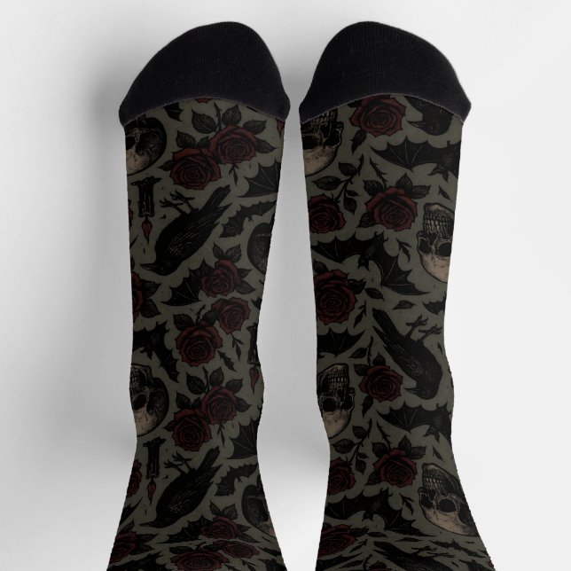 Chaussette Crânes gothiques, corbeaux et Motif Rose (Haut)